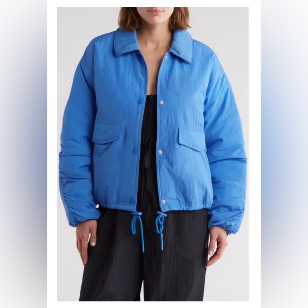 Free People Off the Bleachers Coaches Jacket in Sapphire 21” P2P $148 Retail